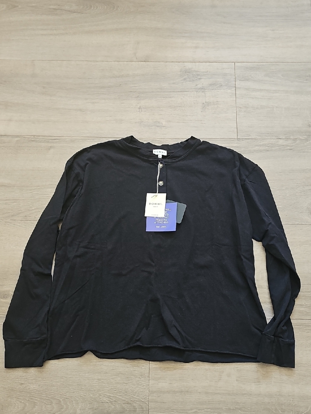 DONNI. Black Long-Sleeve Henley Shirt 100% Cotton Size Small